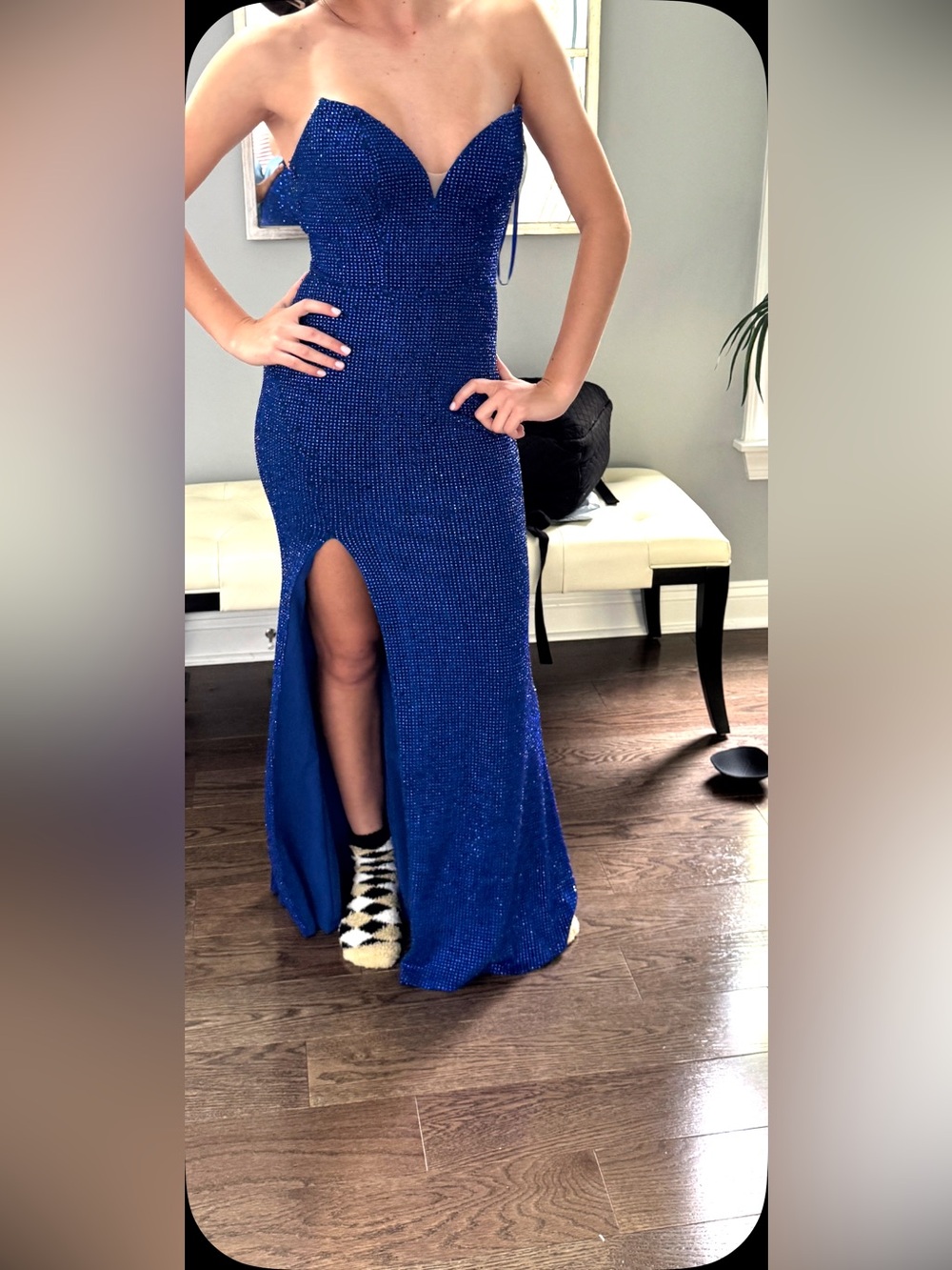 Royal blue tiny rhinestone gown, slit, boob lads seen in!